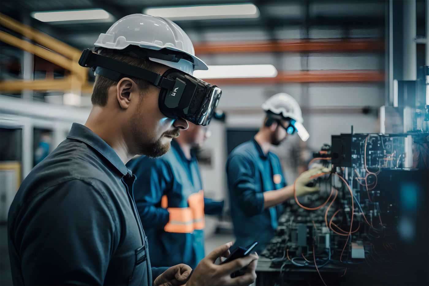Trabajadores capacitandose con lentes de realidad virtual