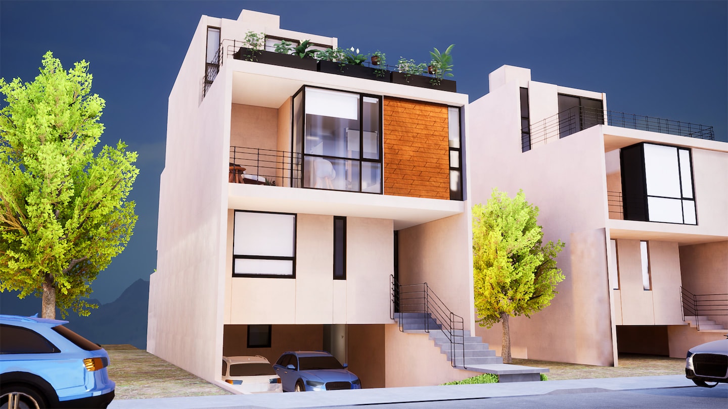 Vista de fachada de condominio en render fotorealista