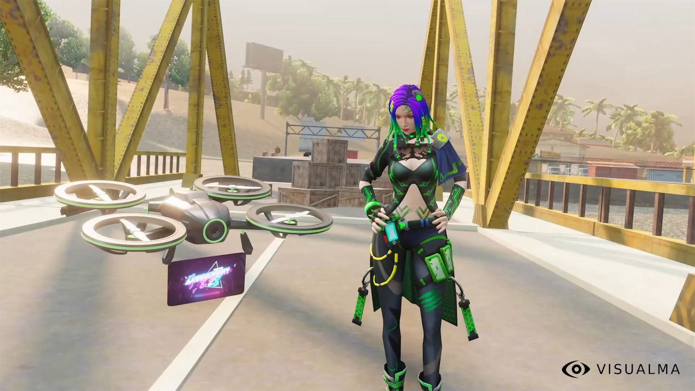 Personaje de videojuego femenino con un dron