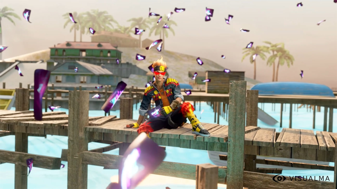 Personaje 3D sentado en un muelle