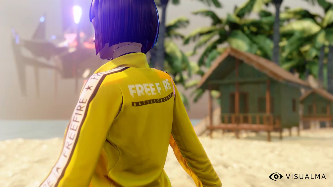 Animacion de personaje 3D de espaldas con chamarra de free fire