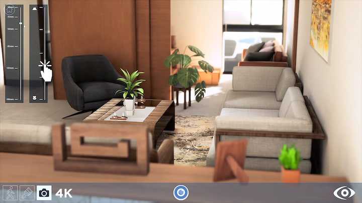 3D render of a room with a sofa and an interface that allows to generate high quality architectonic renders
