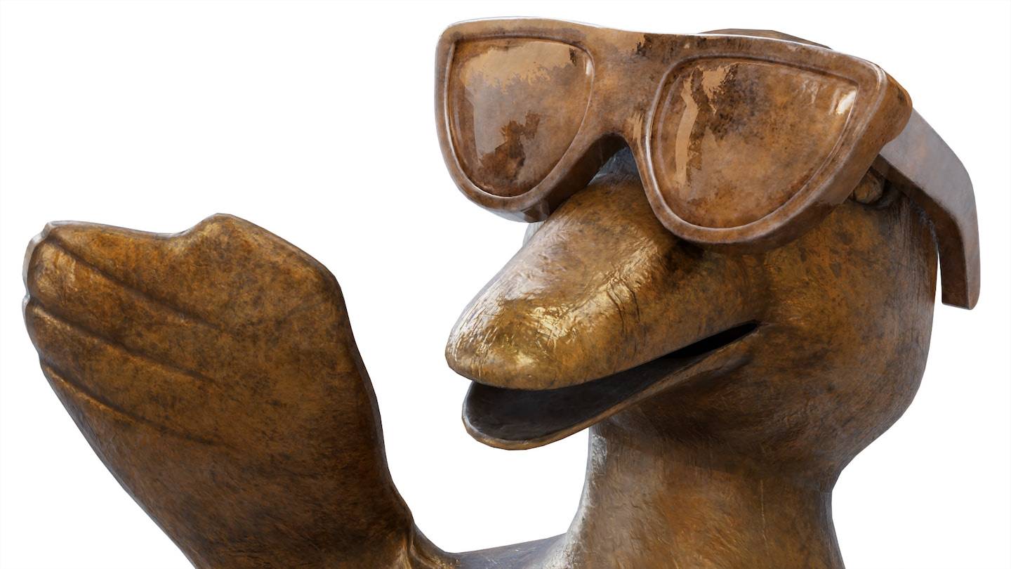 render fotorealista en 3D de una estatua de bronce de un pato con lentes render fotorealista en 3D de una estatua de bronce de un pato con lentes