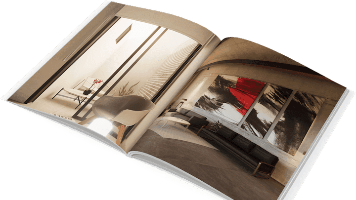 Revista con renders 3D arquitectónicos fotorealistas